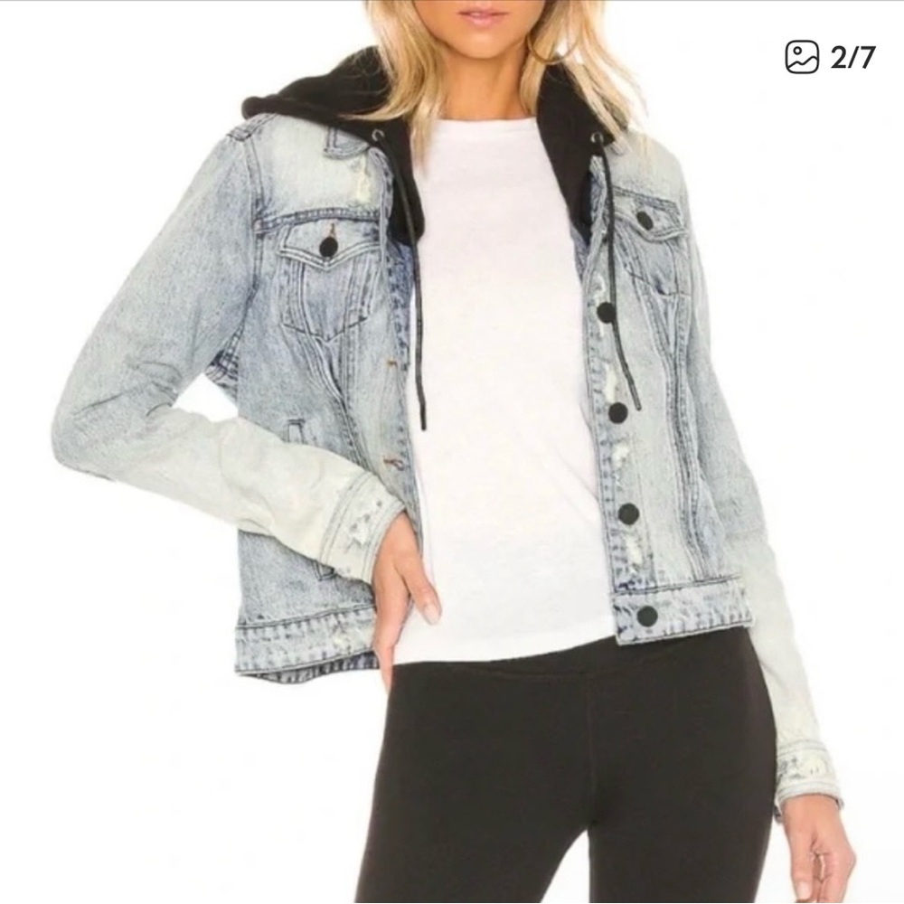 BlankNYC Casual Encounter Distressed Denim Jacket - Black Knit Detachable Hood